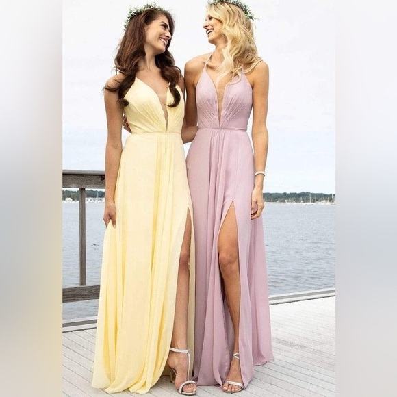 NWT Abby Paris Butter Cup Illusion Plunging Neck Open Back Chiffon Prom Dress - Picture 4 of 10